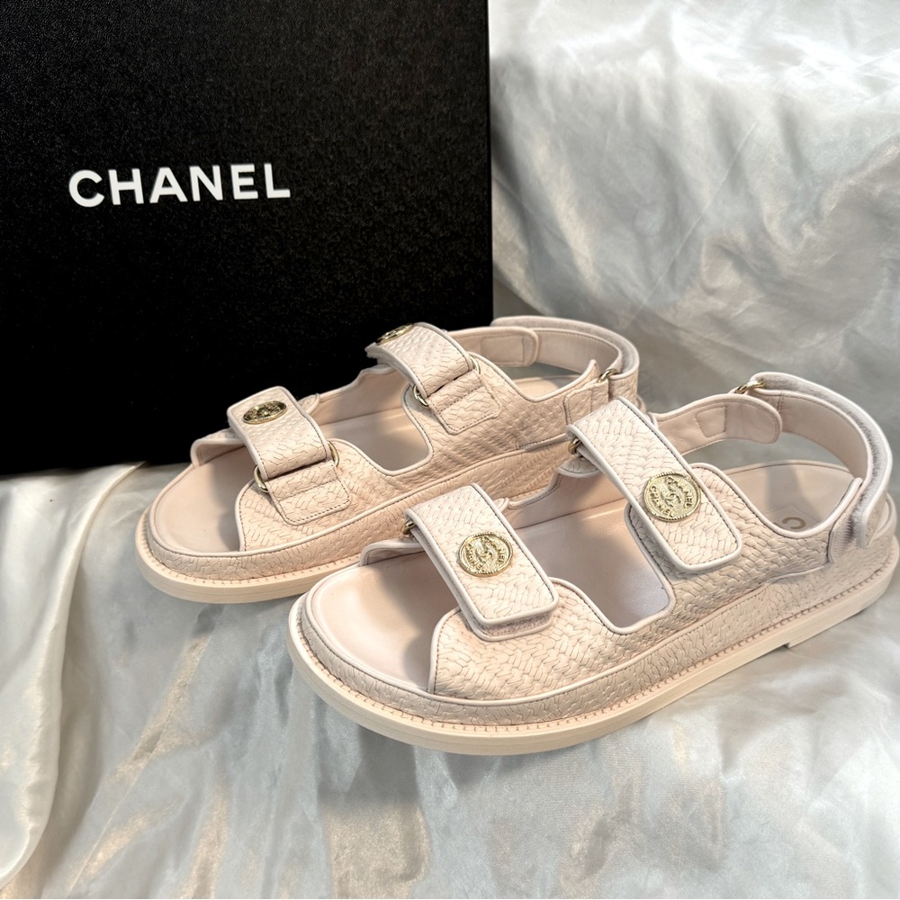 BNIB**Chanel Calfskin Printed Velcro Dad Sandals